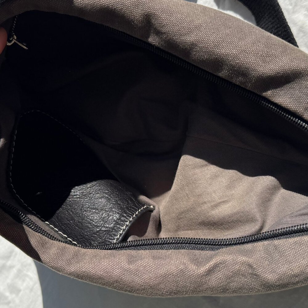 Iyiami Handbags Black Leather Charcoal Cotton Canvas Sling Bag - Picture 9 of 11
